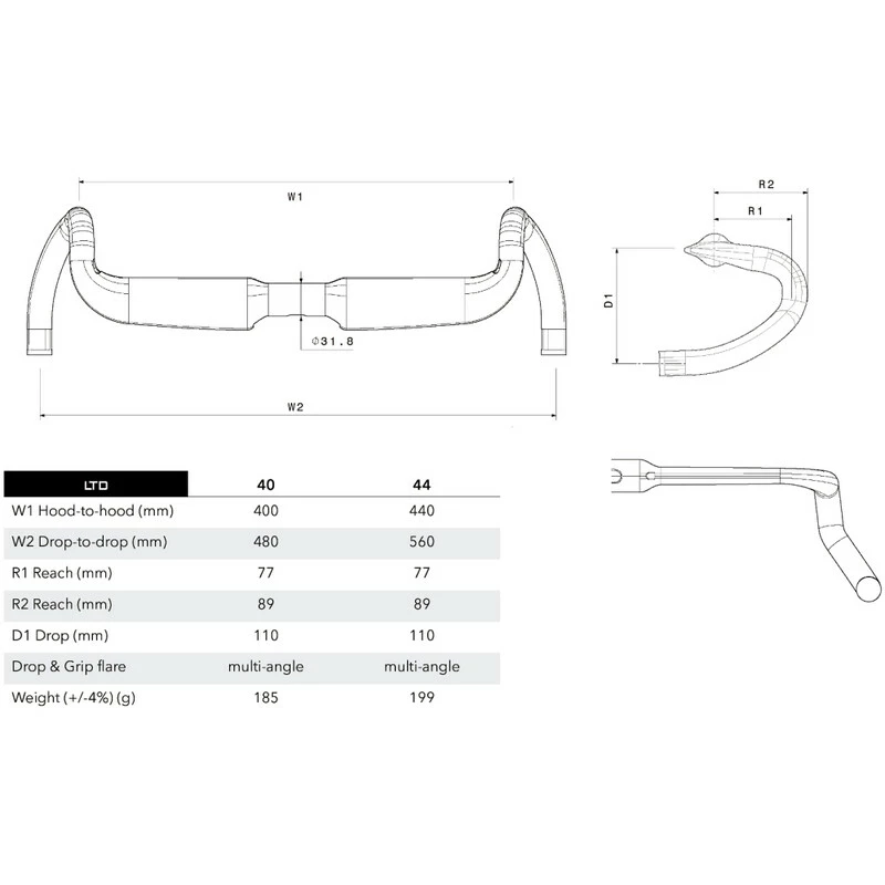 3T Road Lenker AeroGhiaia LTD 44cm (c-c Oben), Carbon Schwarz Matt, 31.8mm – Bild 7