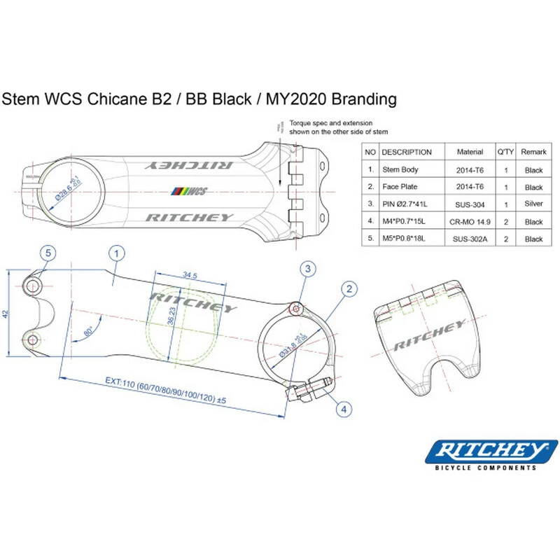 Ritchey Vorbau WCS Chicane B2 110mm, Blatte Black, 31.8mm, 6°/84° – Bild 4
